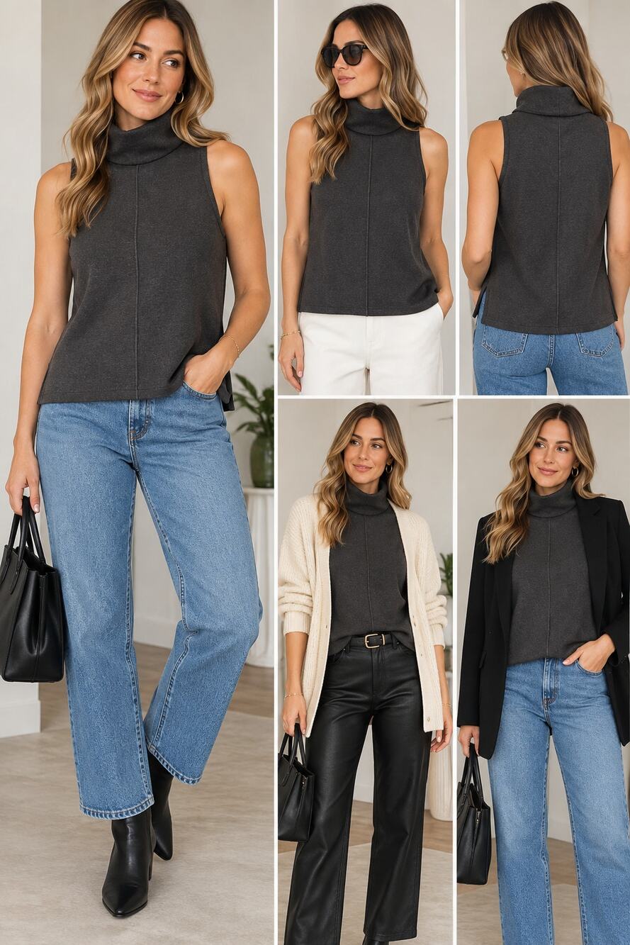 OGL FuzzLuxe Turtleneck Top Women’s Small Charcoal Gray Sleeveless Split Hem